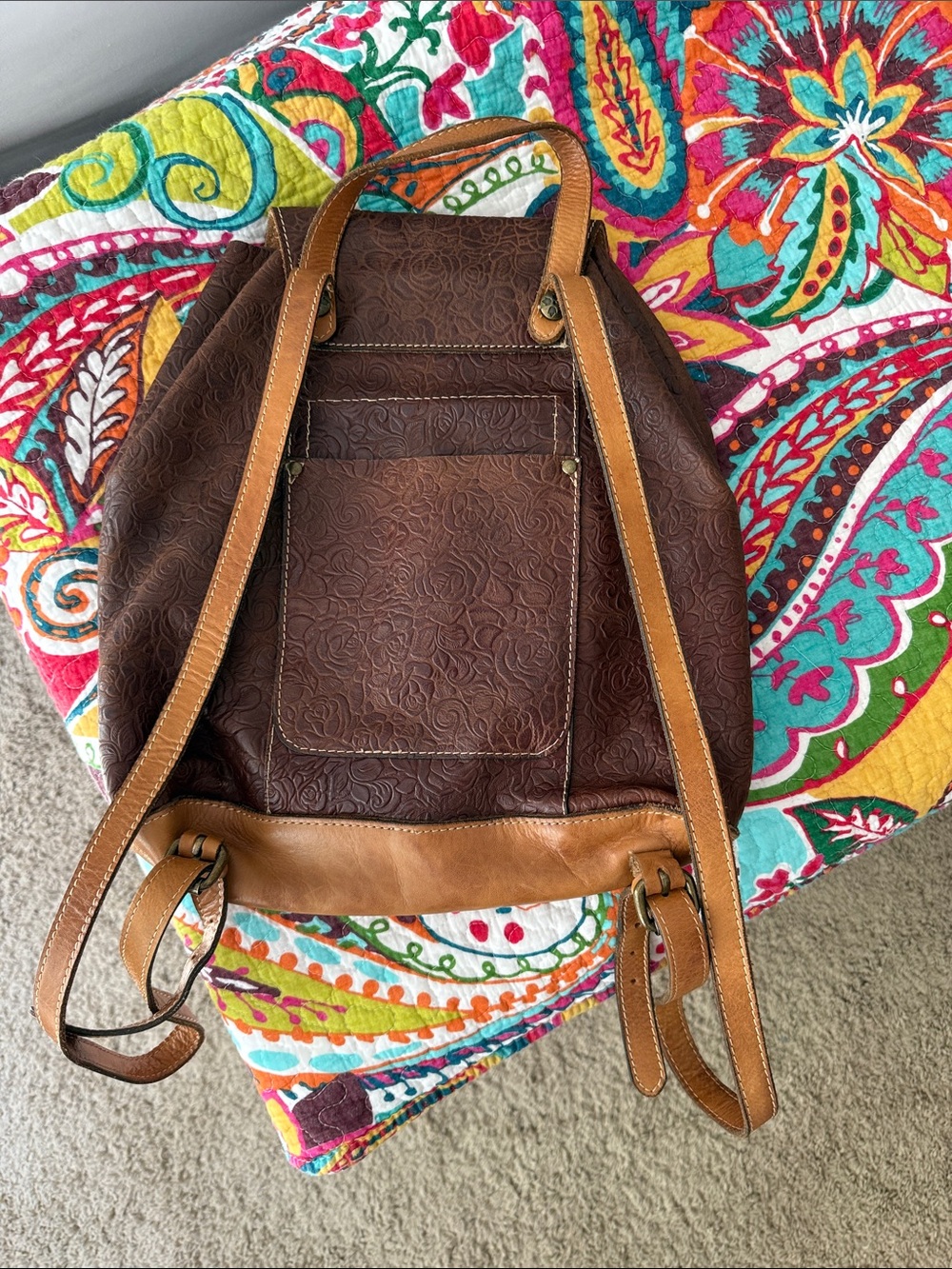 Patricia Nash Brown Embossed Floral Leather Backpack with Tan Trim - Picture 2 of 4